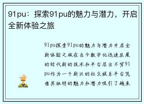 91pu：探索91pu的魅力与潜力，开启全新体验之旅